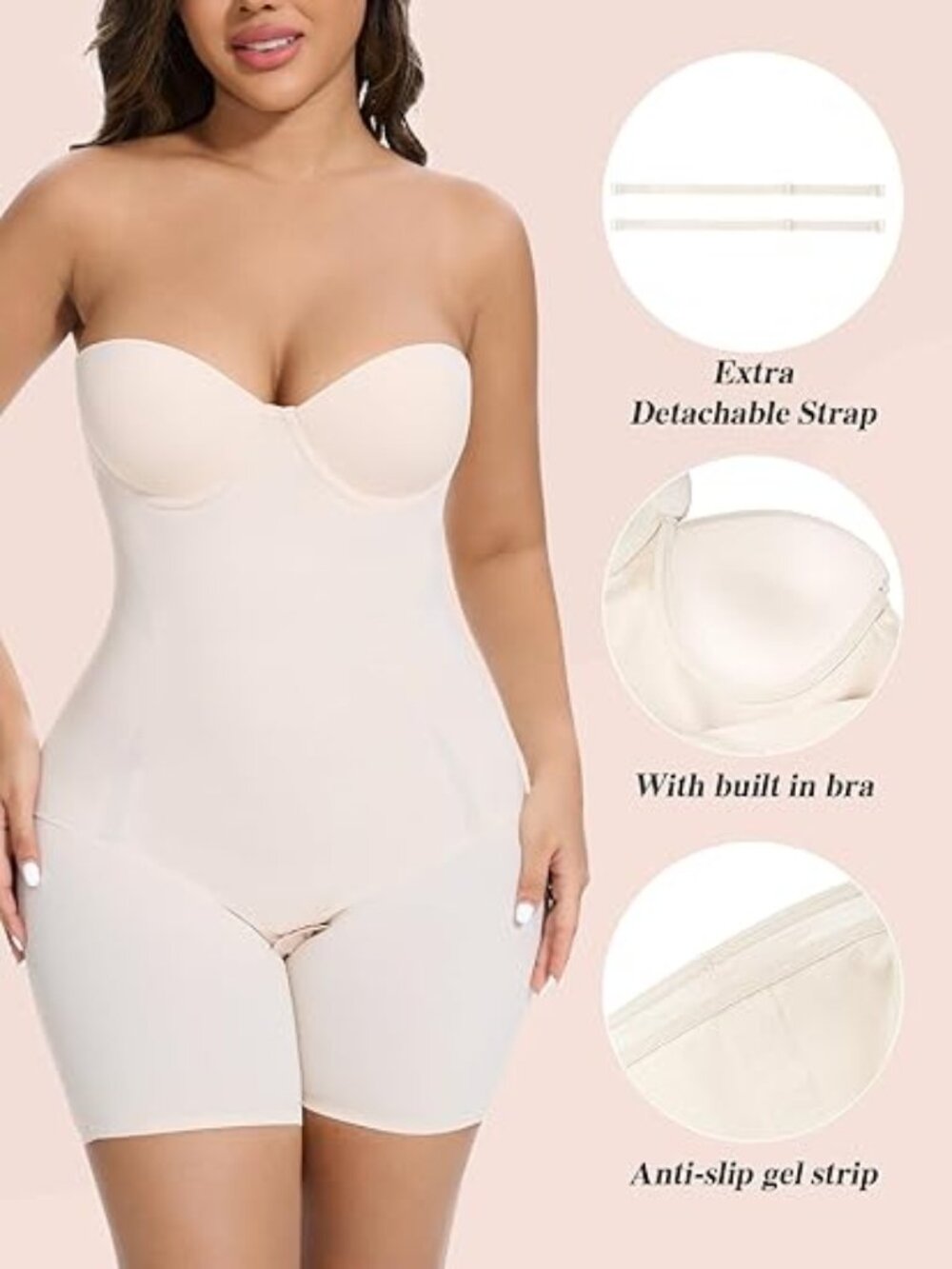 Strapless Shapewear Bodysuit Tummy Control Medium Compression Built-In Bra